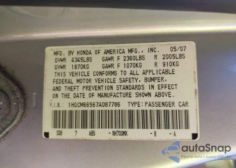 2007 Honda Accord 3.0 Ex z USA, uszkodzony, nr VIN 1HGCM66567A087786
